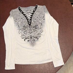 Affliction Gray and White Long Sleeve Top with Lace-Up Design